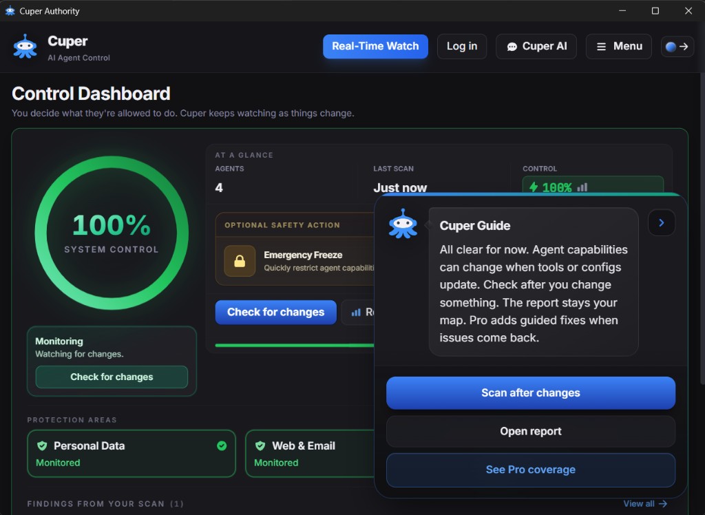 Cuper Authority — Control dashboard at 100% system control with AI Agent Control