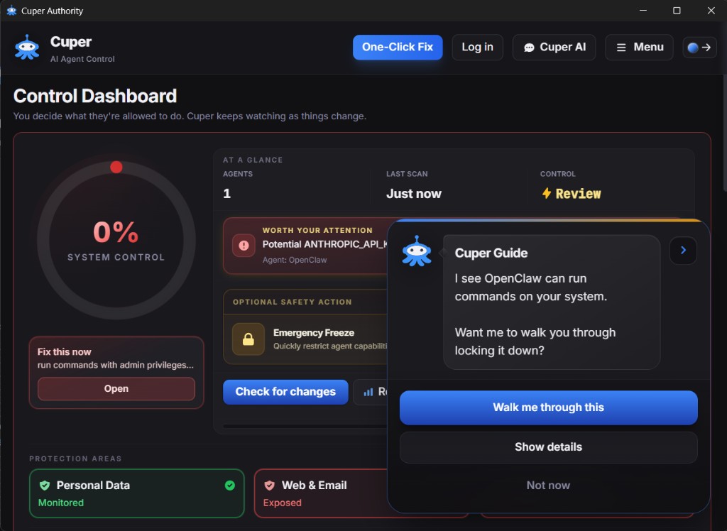 Same dashboard without Cuper — 0% system control, exposed areas, urgent findings
