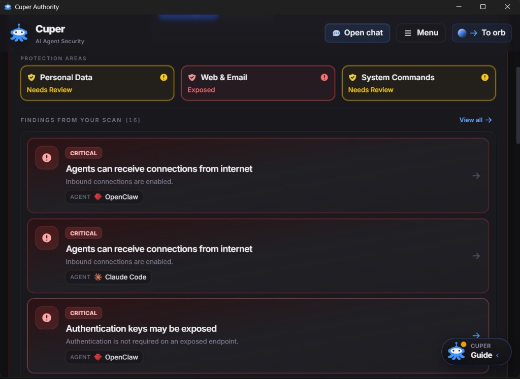 Cuper Authority -- Critical and warning findings across agents