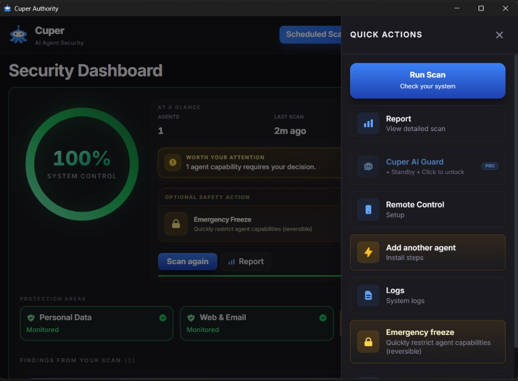 Cuper Authority -- Quick actions menu with scan, freeze, and report